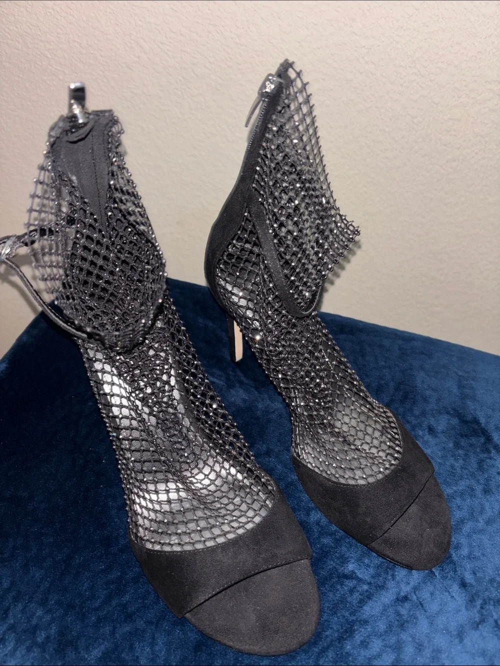 Nine West Black Mesh Rhinestone Ankle Strap Heels